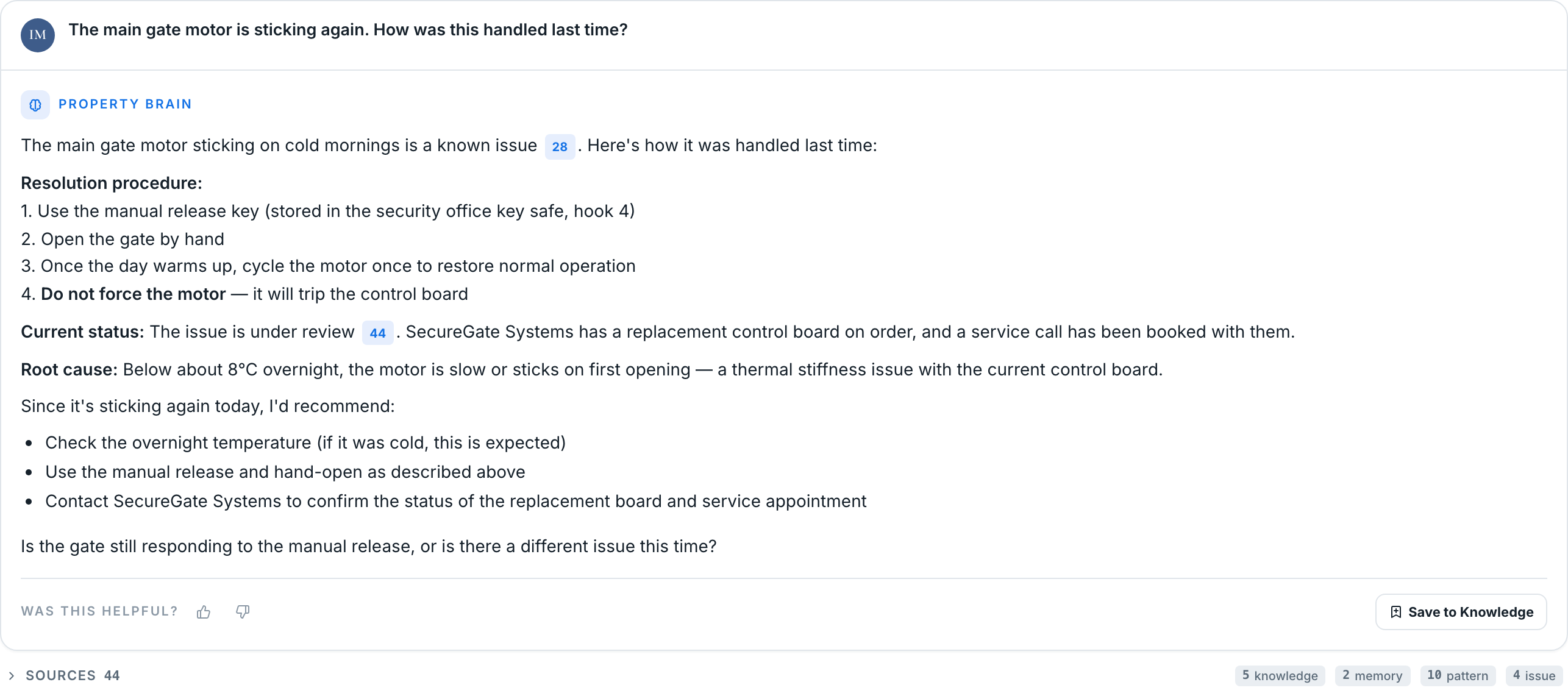 KODO answering how the sticking gate motor was handled last time: the manual release in the security office key safe, not to force the motor, and the replacement board already on order, each with a numbered citation